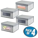 mDesign Soft Stackable Fabric Closet Storage Organizer Holder Box Bin with Clear Window, Attached Hinged Lid - for Bedroom, Hallway, Entryway, Bathroom - Textured Pattern - Medium, Pack of 4, Gray