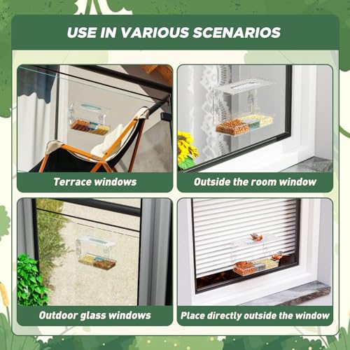 SUSOO Window Bird Feeder for Outdoors with 3 Large Capacity Detachable Seed & Water Tray, Acrylic Clear Bird Feeder with Suction Cups for Watching Wild Birds, Hummingbirds, Finches in Garden, Yard