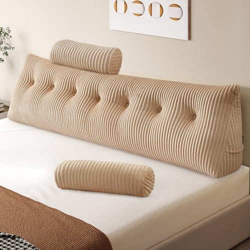 Z-hom Book Cushion, Wedge, Reading Cushion for Bed and Sofa, Back Cushion, Practical Side Compartment, Removable Cover, with Round Pillow (Beige, 200 x 50 x 20 cm)