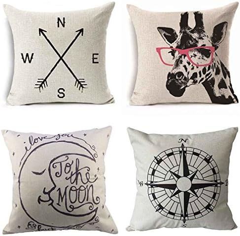 PSDWETS Home Decor Pillow Covers Set of 4 Cotton Linen Cushion Cover 18 X 18,1x Compass + 1x Navigation Compass + 1x Deer + 1x I Iove You to The Moon and Back Throw Pillow Covers Set of 4