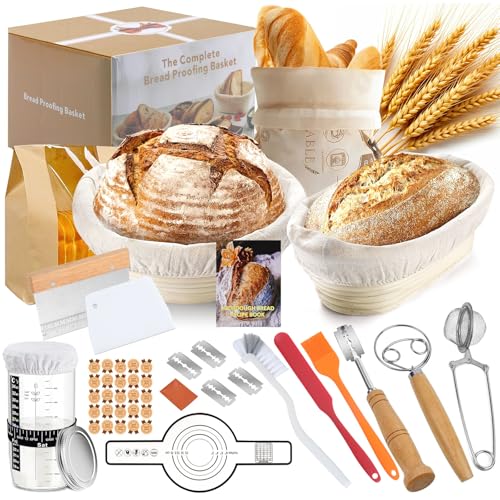 GEEKHOM Sourdough Starter Set with 2 Proofing Baskets Bread - 14-Piece Baking Accessories with Proofing Basket, Round and Oval, Sourdough Glass 650 ml, Dough Scraper - Sourdough Bread Complete Set for Beginners