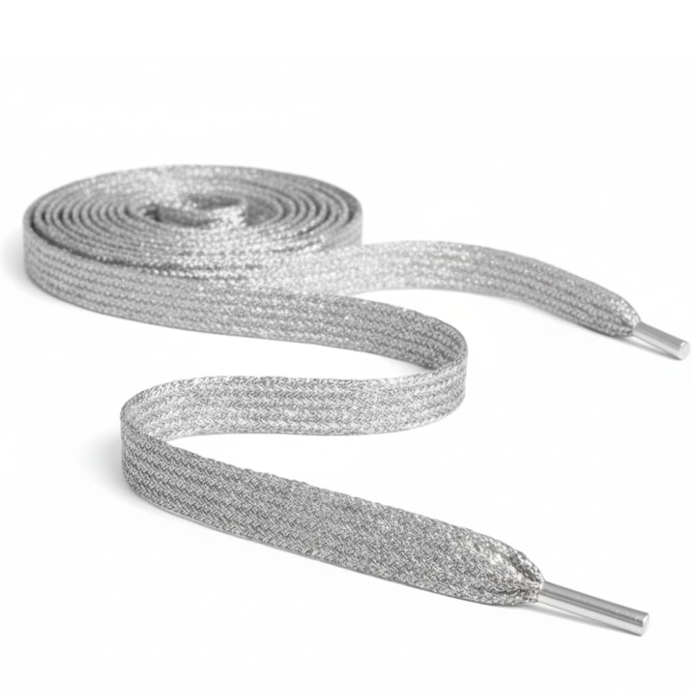 Silver Glitter Flat Shoelaces 120cm – Metallic Sparkle Polyester Trainer Laces for Shoes, Boots & Sneakers | Durable Replacement Glitter Shoelaces for Fashion & Sportswear