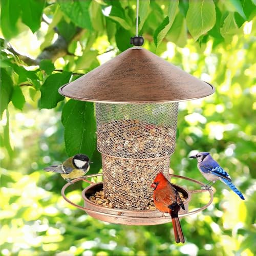 Bird Feeders for Outdoors Hanging, 2lb Large Seed Capacity Metal Feeder for Garden Patio, Mesh Tube Iron Outdoor Hanging Feeding Attract Various Birds, Including Finches and Sparrows(Brown)