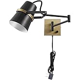 Globe Electric 51345 1-Light Plug-in or Hardwire Swing Arm Wall Sconce, Matte Black, Brass Accents, 6ft Woven Fabric Cord, Fl