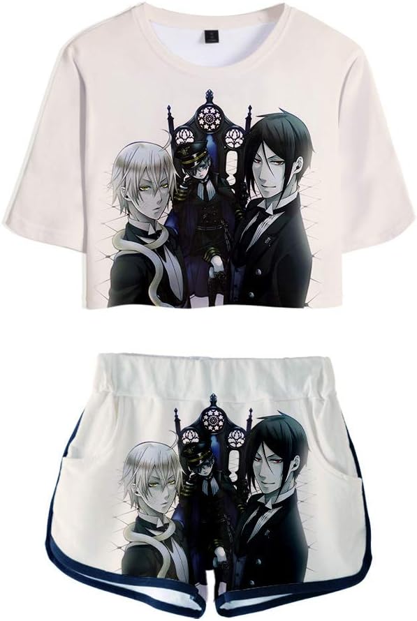 worclub Anime Black Butler 3D Sexy Navel Short T-Shirt and Shorts Sportswear Set for Girl/Women
