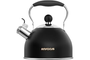 AMFOCUS Tea Kettle, 2 Quart Stainless Steel Whistling Tea Kettle, Stovetop Whistling Teakettle Tea Pots for Stove Top with Ergonomic Folding Handle, Small Teapot, Water boiler for Tea, Coffee (Black)