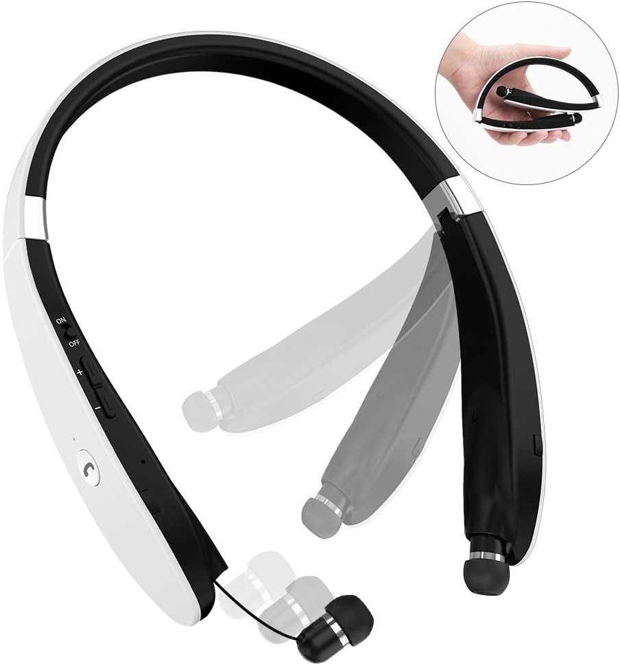 Bluetooth Headphones, Bluetooth Headset Foldable Neckband Wireless Headset with Retractable Earbuds, Bluetooth V4.1, 16 Hours Playtime, Sports Sweatproof Noise Cancelling Earphones with Mic (White)