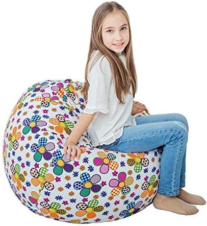 Stuffed Animal Storage Bean Bag XXL – 100% Cotton Canvas Plush Toy Organizing Bag, Machine Washable (38”,Flowers) Comfortable & Soft Seat for Nursery | Stylish Chair/Ottoman/Pouf for Boys & Girls