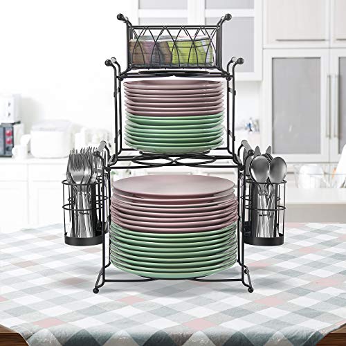 Sorbus® Buffet Caddy — 7-Piece Stackable Set Includes Plate, Napkin, and Silverware Holder, 3-Tier Detachable Tabletop Organizer — Ideal for Kitchen, Dining, Entertaining, Parties,Thanksgiving (Black)