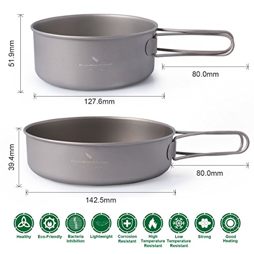 iBasingo Titanium Pot Pan Spoon Spork Mini Stove Sets Outdoor Camping Cooking Sets With Folding Handle Ultralight Portable Dinnerware Cookware Sets for Picnic Travel(5-piece sets) - Thumbnail 2
