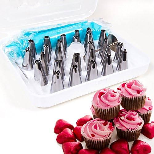 Cake Decorating Tips Set - 26 nozzles set for professional and beginner Cake Decoration - with Organizer Storage Case - Tip Coupler - Silicone Icing Bag - Cleaning Brush and Bonus E-book