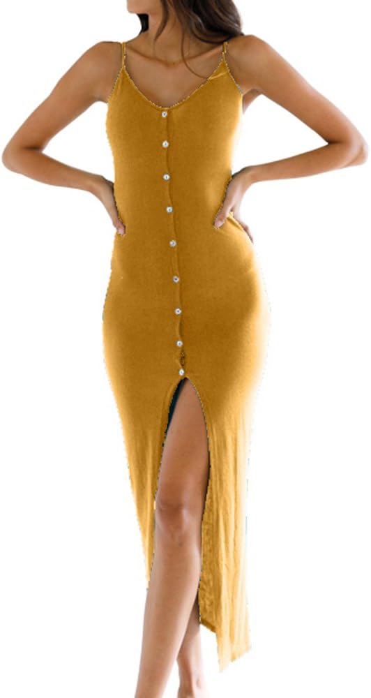 Women’s Button Down Adjustable Spaghetti Straps Summer Dress Sleeveless Bodycon Party Maxi Dress