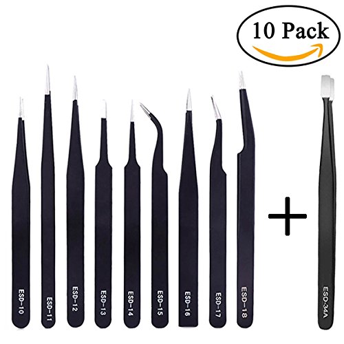 RyhamPaper Tweezers 10-piece Precision Anti-static ESD Stainless Steel Tweezers for Electronics, Jewelry-making, Laboratory Work, Hobbies,with Storage Bag
