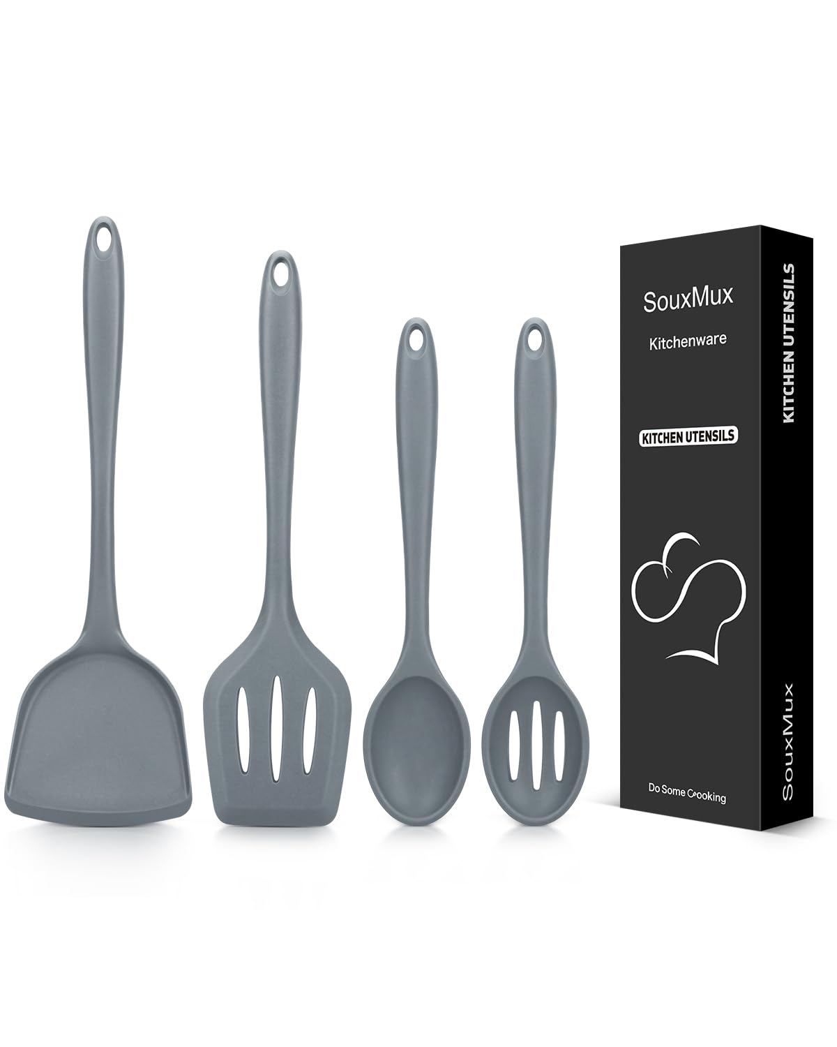 SouxMux 4 Pcs Silicone Kitchen Utensils Set, Wok Spatulas-Slotted Turner-Cooking Spoon-Slotted Spoon, Nonstick BPA Free High Heat Resistant Cooking Frying, Mixing, Serving, Draining, Stirring, Grey