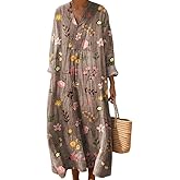 Akivide Women's Oversized Smocked Long Sleeve Boho Dress Spring Summer Casual Floral Print V Neck Maxi Dresses for Women