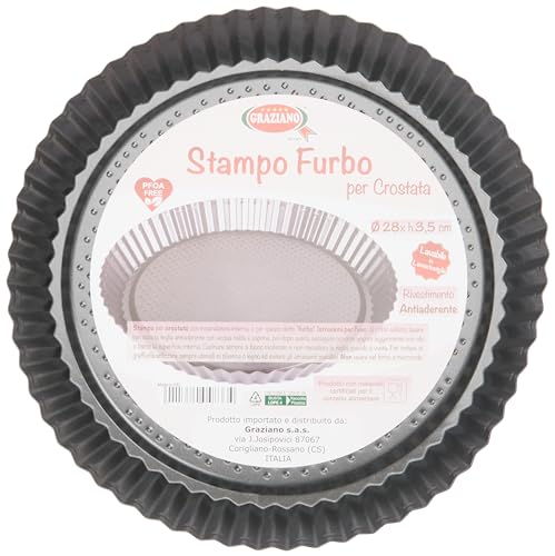 Graziano, Stampo Furbo per Crostata, Realizzato in Acciaio al Carbonio e Dotato di Rivestimento Antiaderente, Ideale per Realizzare Crostate Dolci e Salate, Colore Nero, ø 28 cm