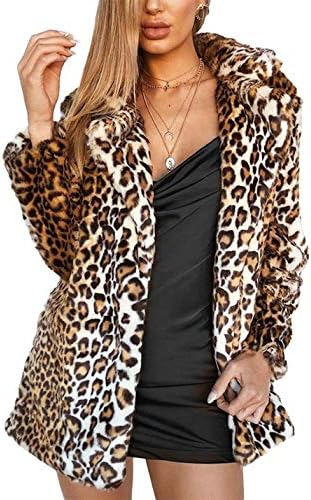 Shilanmei Womens Leopard Faux Fur Coat Winter Outerwear Long Sleeves Warm Jacket Sexy Lapel Overcoat