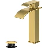 Rywuanku Tall Brushed Gold Bathroom Faucet Waterfall Spout, Single Handle Sink Faucet with Pop-up Drain & Deck Plate, Modern 1 Hole Vanity Faucet for Vessel Sink