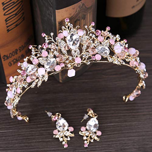 BCDshop_hairband clearance Bride Bridesmaids Elegant Crystal Crown Flower Tiara Headband Earing Set Ladies Headdress for Wedding Party (Gold)