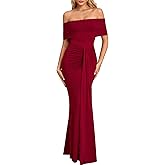 VKIHOC Off The Shoulder Formal Maxi Dress Fall Wedding Guest Ruched Bodycon Cocktail Party Dresses for Women 2025