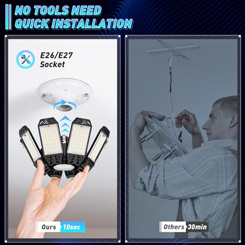 LAMLAMCK Garage Lamp 210W – 6 Pieces 21000LM 6500K Super Bright LED Garage Light with 8+1 Adjustable Panel, E26/E27 Sockets LED Lighting for Garage, Warehouse, Basement, Workshop and Storage Room