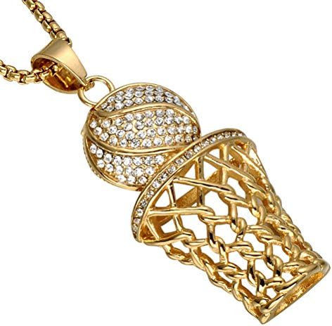 Men's Stainless Steel Hip Hop Diamond Mini Basketball Rim Pendant Charms Necklace 24 Inches Chain