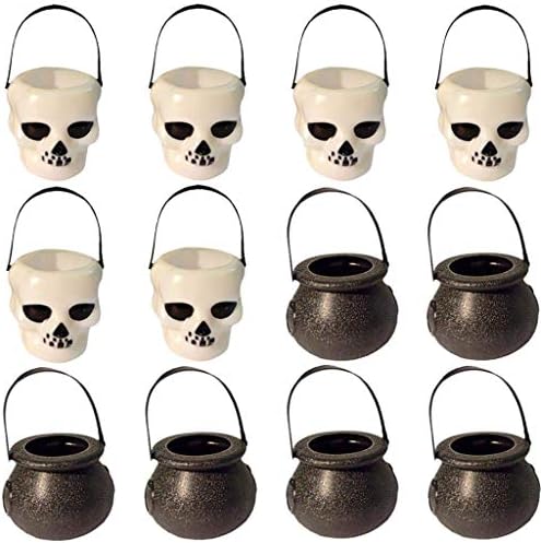 NIU MANG 12 Pcs Plastic Mini Black Witch & White Skeleton Cauldron Halloween Candy Kettle, Mini Cauldron Kettles Cups with Handle for Halloween, St Patrick's Day Party Favors Decoration(Mix Color)
