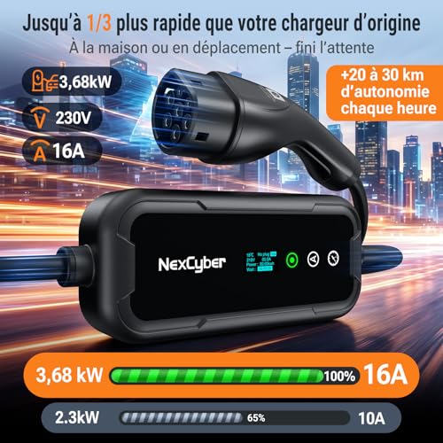 NexCyber 3.68kW Mobile Electric Car Charger with App & OLED, 5.6M Single Phase 230V, 8-16A Adjustable, CEE 20A Socket 2 Pole IP66+FI, Type 2, Wall & Portable, for Model 3/Y, ID.3, etc. BEV/PHEV