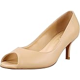 Lutalica W Women's Classic Matte Leather Open Toe Low Kitten Heel Sandals Slip On Medium Heel Peep Toe Dress Pumps Nude Size 5.5