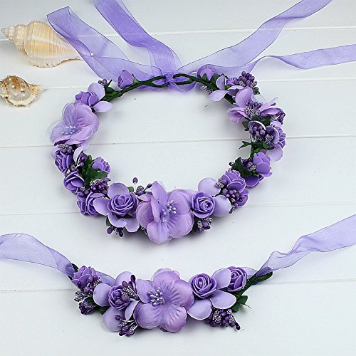 MioCloth Flower Crown Headband Garland Wrist Band Wedding Hair Wreath Women Girl Purple, Medium - Thumbnail 2