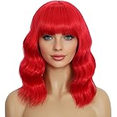 Mxayhnajxl Red Wigs with Bangs for Women 14 Inch Shoulder Length Short Wavy Bob Wigs With Bangs Curly Wig Heat Resistant Synthetic Colorful Wavy Wigs Cosplay Wigs For Daily Party Halloween