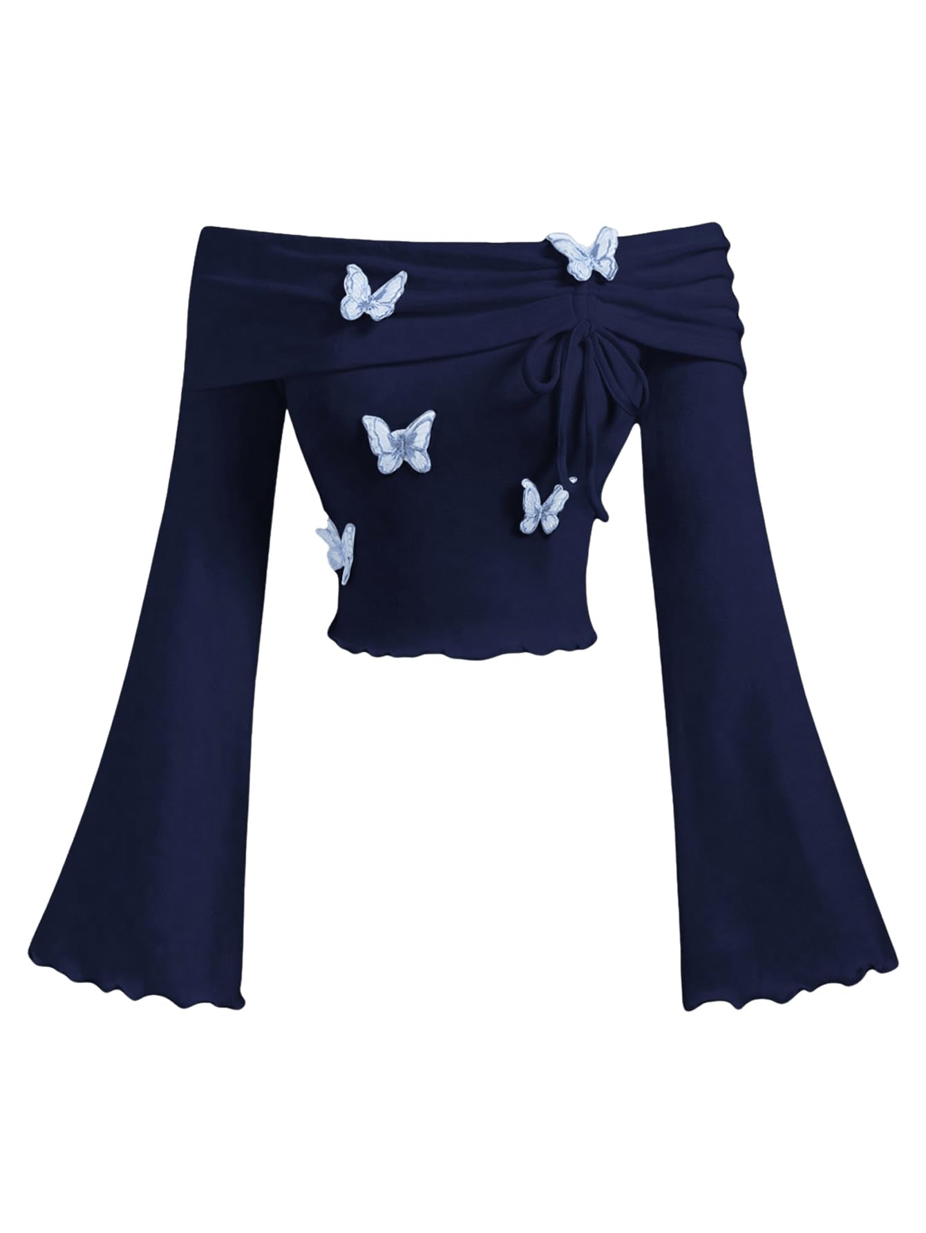 Photo 1 of Verdusa Women's Y2k 3D Butterfly Bell Sleeve Tops Off The Shoulder Crop Tops Long Sleeve T Shirts Dark Blue Small