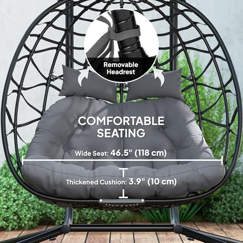 Outsunny Double Hanging Egg Chair with Canopy, Foldable Wicker Egg Swing Chair with Steel Stand, Cushion, Headrest, Indoor Outdoor Hammock Chair, 573lbs Capacity, Black