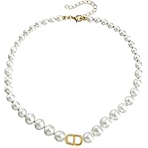 Pearl Choker Letter Necklace for Women, 18K Gold Plated Initial Pendant with Faux Pearls, Dainty Alphabet Jewelry Gift