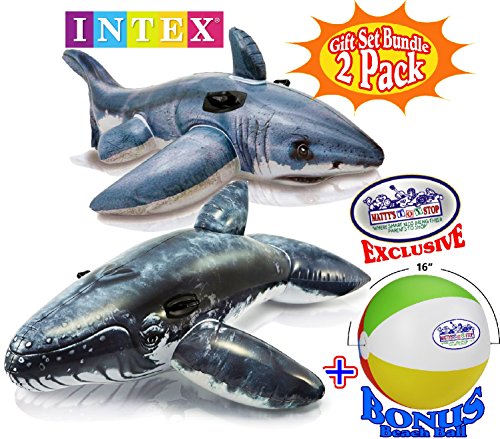 Intex Inflatable Pool Floats Realistic Great White Shark Ride-On (68"x42") & Realistic Whale Ride-On (79"x53") Gift Set Bundle with Bonus "Matty's Toy Stop" 16" Beach Ball - 2 Pack