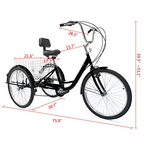 SURPCOS Adult Tricycle Cruise Bike Full Size 3 Wheeled Trike Bicycle with Wire Shopping Basket (Black, 7-Speed, 26" Wheel)
