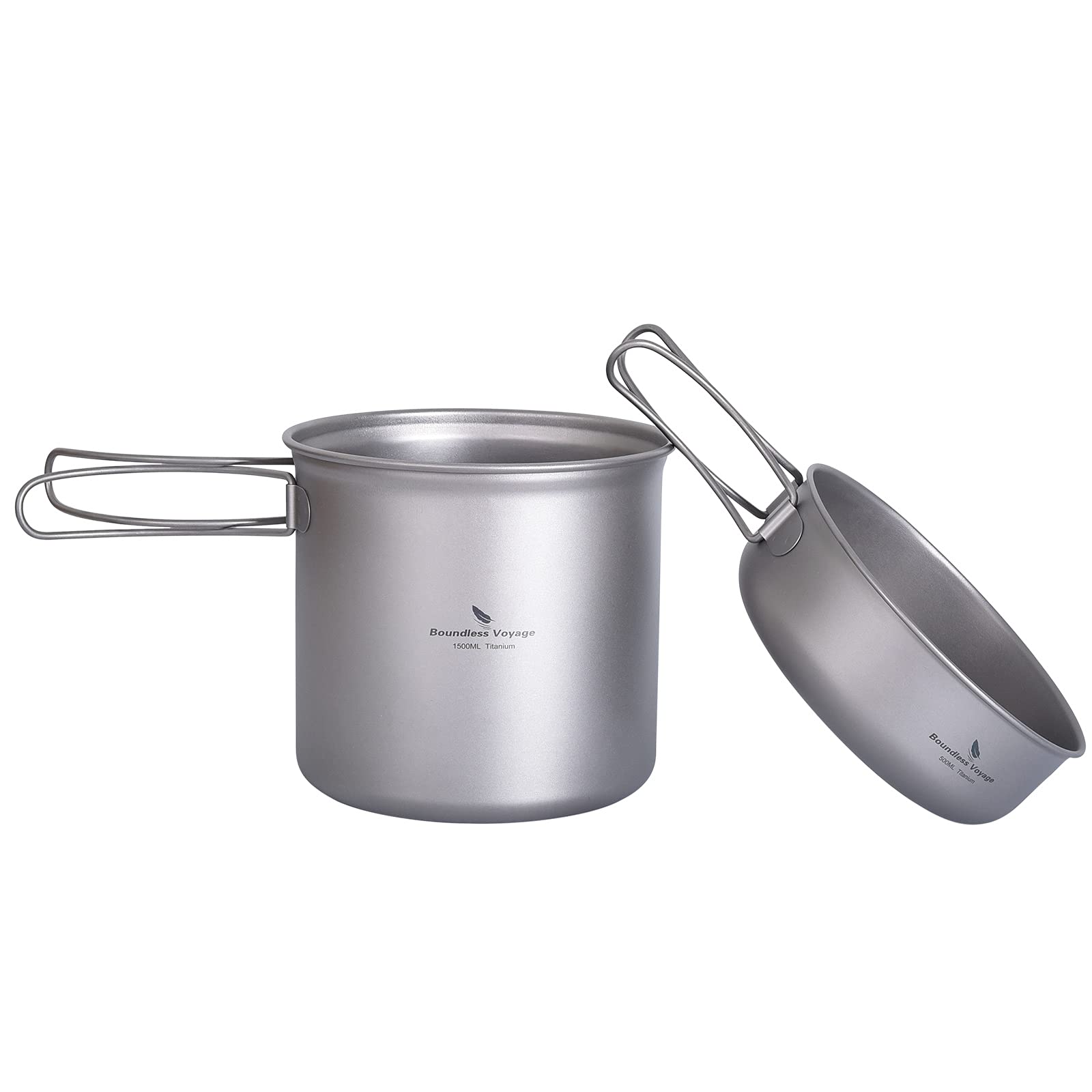 iBasingo Camping Titanium Pot Pan Set 1500ml+500ml Cookware with Folding Handle Outdoor Lightweight Kitchen Cooking Kitchenware Hiking Portable Bowl Cup Travel Picnic Tableware Mess Kit Ti2051C