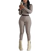ksotutm Fashion Print Jumpsuits for Women Stretch Long Sleeve Romper Leggings Bodysuit Airport Outfits 2025 Going Out
