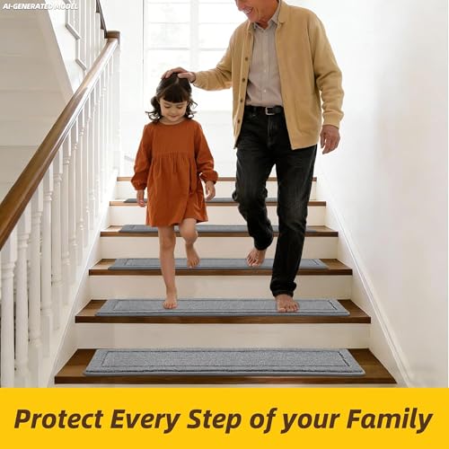 Non-Slip Stair Treads for Wooden Steps Indoor, 15 Pack 8" X 30" Edging Stair Rugs with TPE Backing,0.45" Thick Carpet Stair Treads for Kids Elders & Pets, 100% Polyester Soft Stair Runners, Light Grey | Non-Slip TPE Backing, Washable Stairs Carpet, Soft Polyester, Pet-Friendly for Wooden Steps
