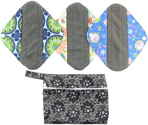 Charcoal Bamboo Reusable Cloth Menstrual Pad - 4pcs Set 1pc Mini Wet Bag +3pcs 8 Inch Mama Cloth/ Menstrual Pads/ Reusable Sanitary Pads / Panty Liners (style B)