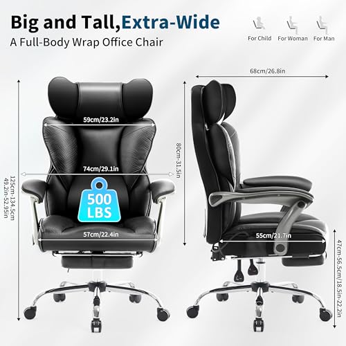 Fizzin PU Executive Office Chair, Big and Tall Ergonomic Office Chair with Footrest, Flip-Up Back Built-in Dynamic Airbag Lumbar Support and Interlocking Armrests (Black)