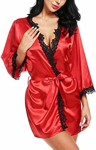 Women Top Sexy Soft Floral Lace Pajamas Silk Sleepwear Bath Robe Dress Nightgown (M, Red)