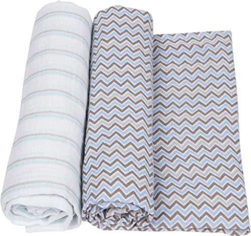 Miracle BlanketSoft Muslin Swaddles Newborn Nursery Sleep Essential - Pack of 2 Warm Wraps (Blue & Grey Stripes & Chevrons)