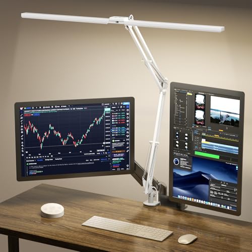 SKYLEO LED Desk Lamp, Dual Head Desk Lamp with Clip, with Remote Control, 2400 LM, 5 Color Temperature Modes, Home Desk Lamp, 24W, White