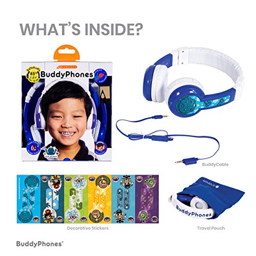 BuddyPhones Explore Foldable, Kids Volume Limiting Headphones, Built-in Audio Sharing Cable and in-Line Mic, Compatible with Fire, iPad, iPhone, and Android Devices, 2-Pack Blue and Orange