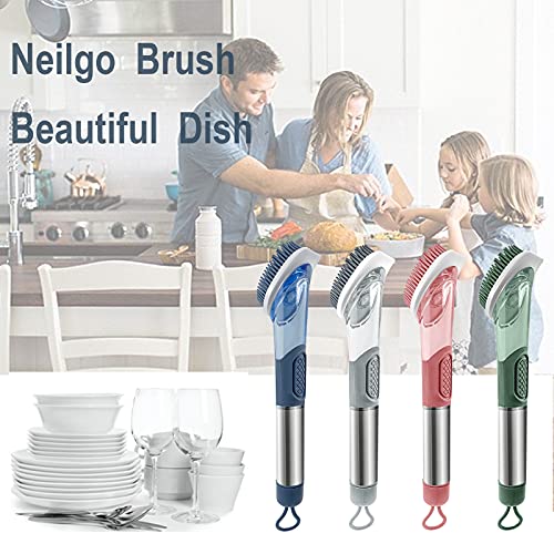 Neilgo 3-IN-1 Soap Dispensing Dish Brush Kitchen Scrub Brush Automatic Liquid Addition Brush Soap Control Dishwand Brush with Handle (Blue)
