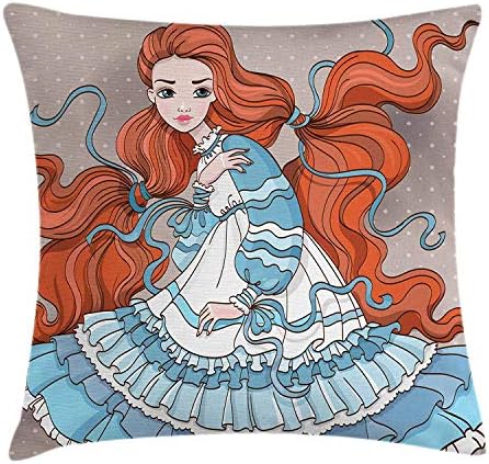 KLYDH Curly Hair Throw Pillow Cushion Cover, Red Hair Beauty in Retro Style Victorian Doll Clothes Magical Feminine Artwork, Decorative Square Accent Pillow Case, 18 X 18 Inches, Multicolor