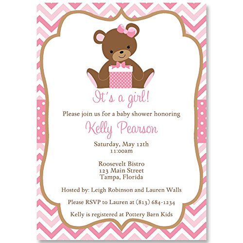 Teddy Bear Baby Shower Invitations Chevron Sprinkle Invites Pink Girls It's A Girl Custom Polka Dots Classic Traditional (10 Count)