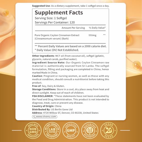 2-in-1 Organic Ceylon Cinnamon with MCT Oil Supplements Softgels, 120 Day Supply, Authentic Sri Lankan Source, Liposome Highly Bioavailable Extract, Energy & Metabolism Support, Large Granule Softgels
