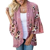 Yonala Womens Fashion Floral Open Front Cardigan Loose Tops Kimono Floral Print Blouse Pink